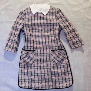 IROO Pink Plaid Pattern Metalic Tweed Mini Dress Loose/False Collar Sz 38 Medium